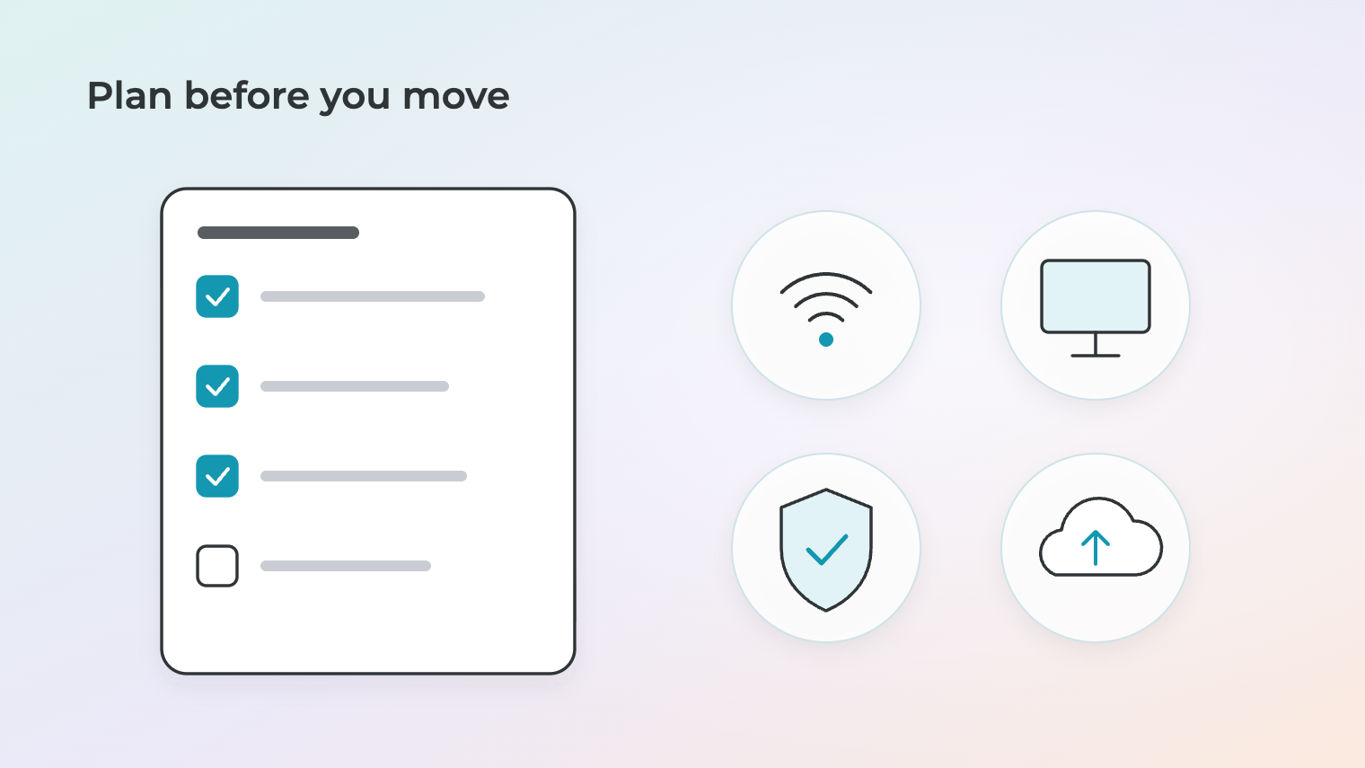 A checklist beside connection, equipment, security and cloud backup icons