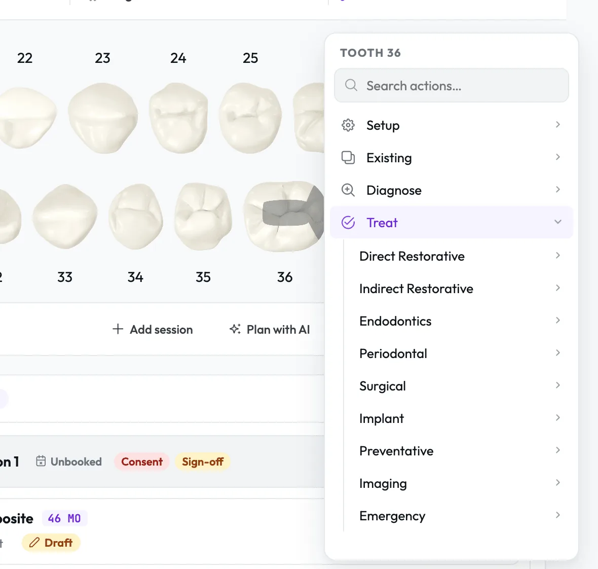 The tooth menu open beside tooth 36, with a search box and the Treat group expanded to show its categories.