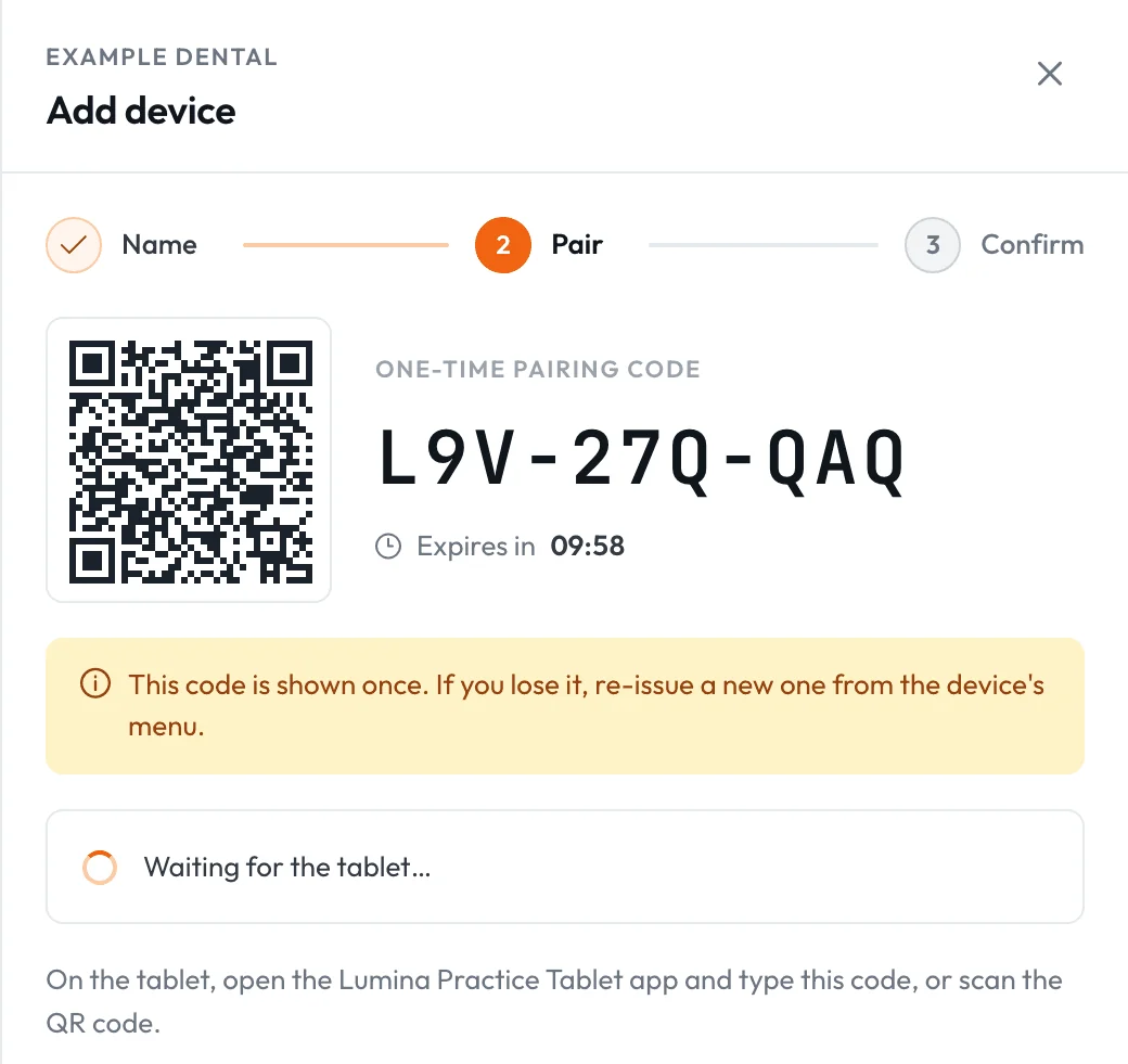 Add device in Lumina Admin, with a one-time pairing code and QR code for the practice tablet app.