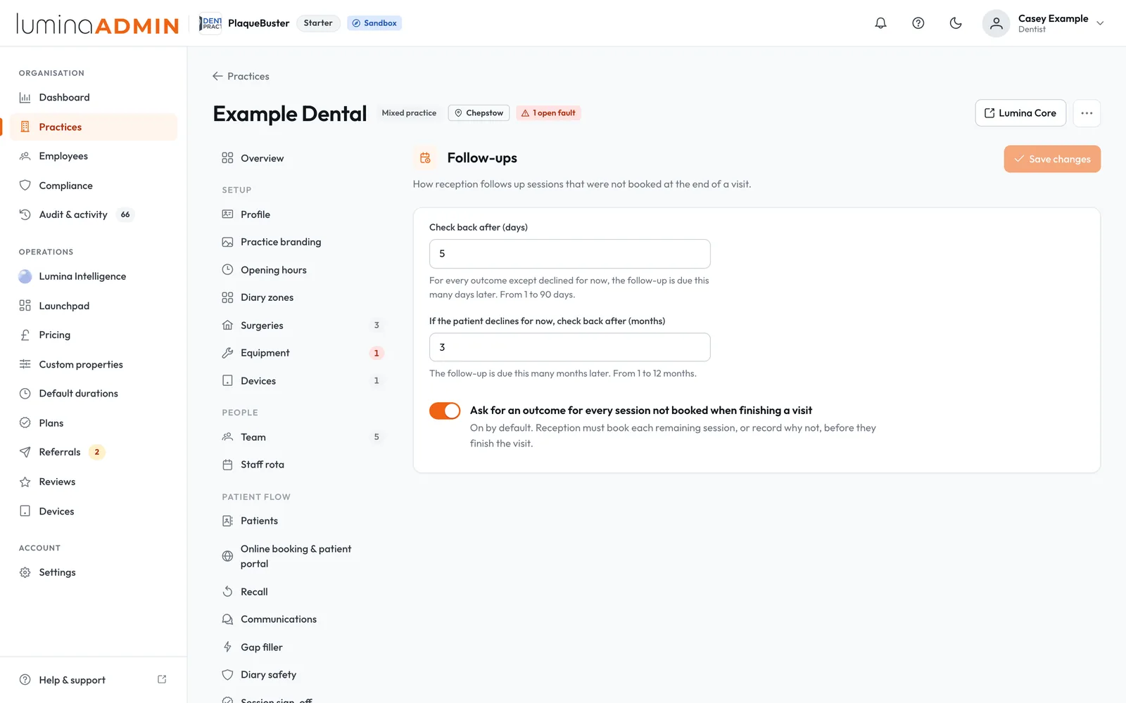 Follow-up settings in Lumina Admin for Example Dental, with check back after 5 days, declines checked after 3 months and the outcome switch on.