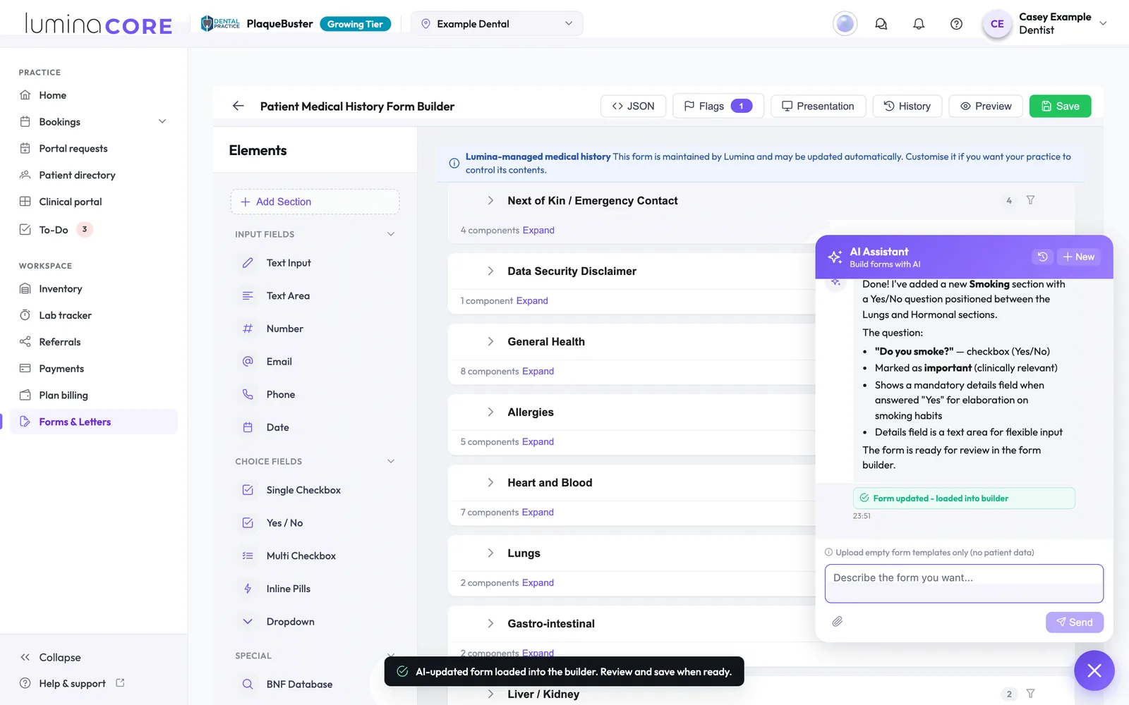 The medical history form builder in Lumina Core, with question types on the left and the AI Assistant panel after it added a smoking question.