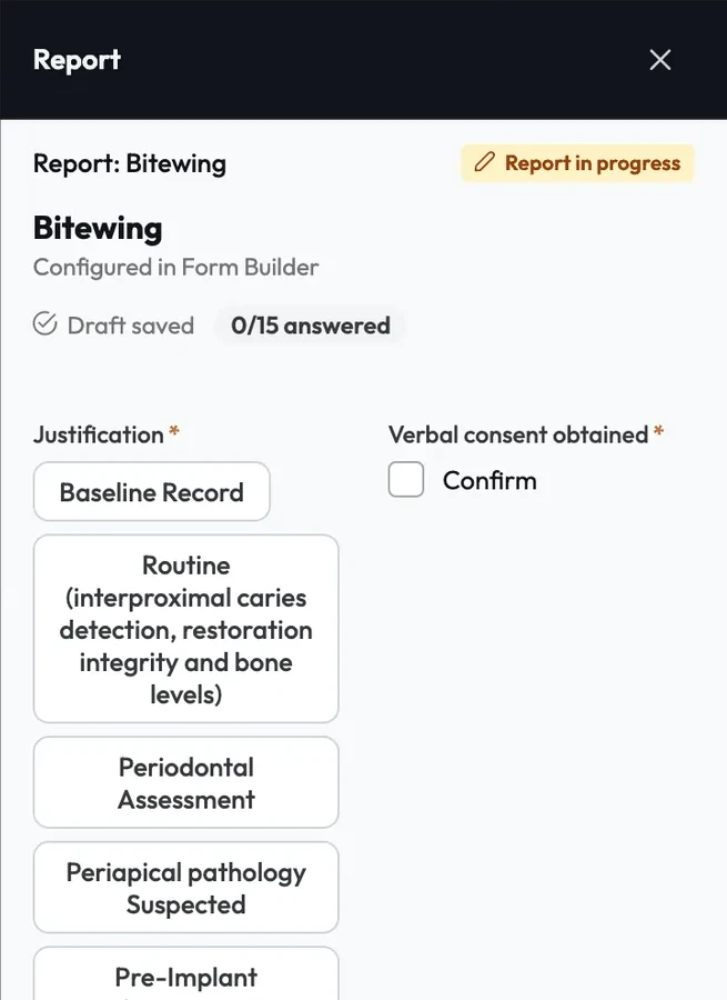 The Report panel for a bitewing, showing Report in progress, 0 of 15 answered and the justification options.