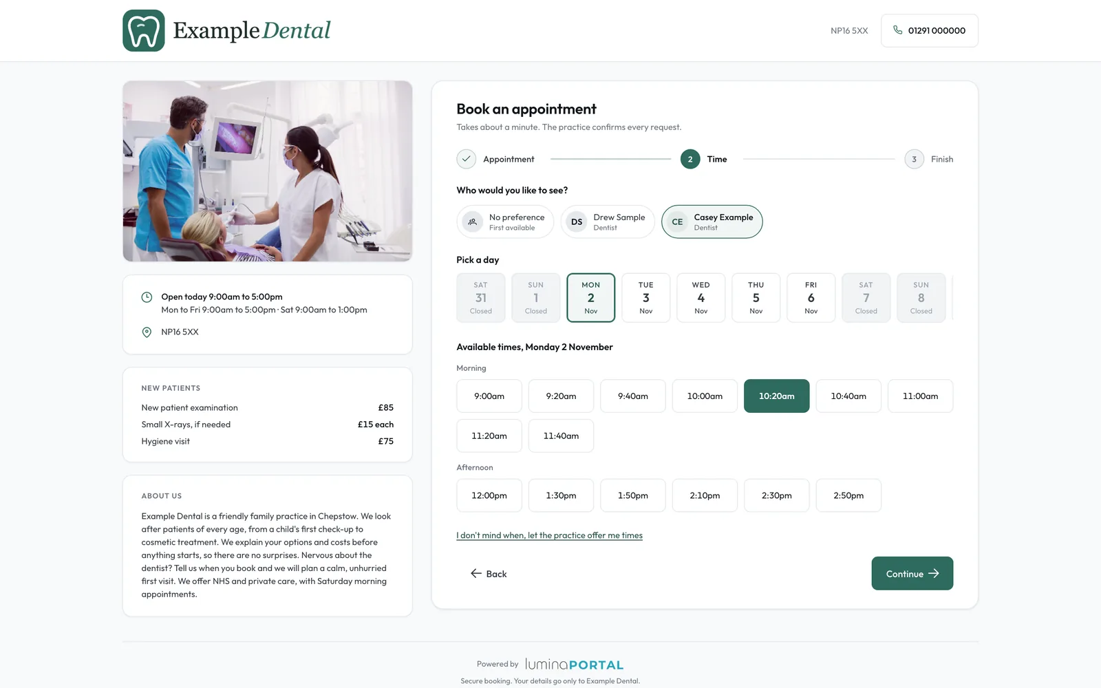 A demonstration practice's booking page in its own logo and colour, with a practice photo, new-patient fees and an About us note beside the time step: a dentist chosen, a day picked and that day's free times from the diary.