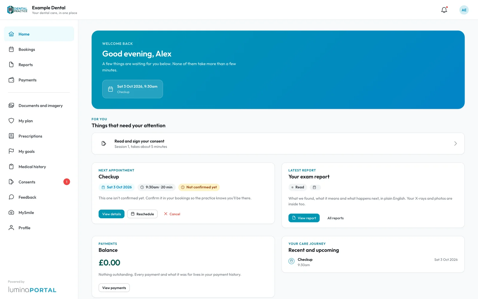 The patient portal Home page with the next appointment, latest report and items that need attention.