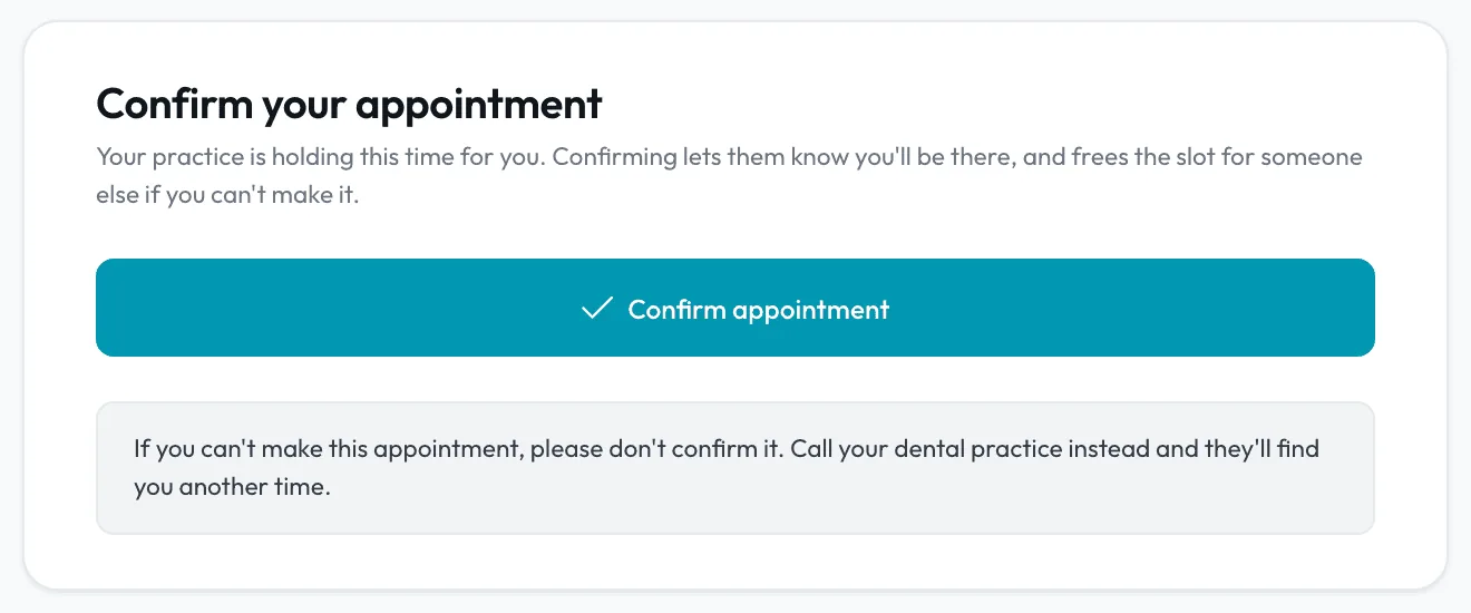 The confirm page a patient opens from a reminder, with one Confirm appointment button and no sign-in.