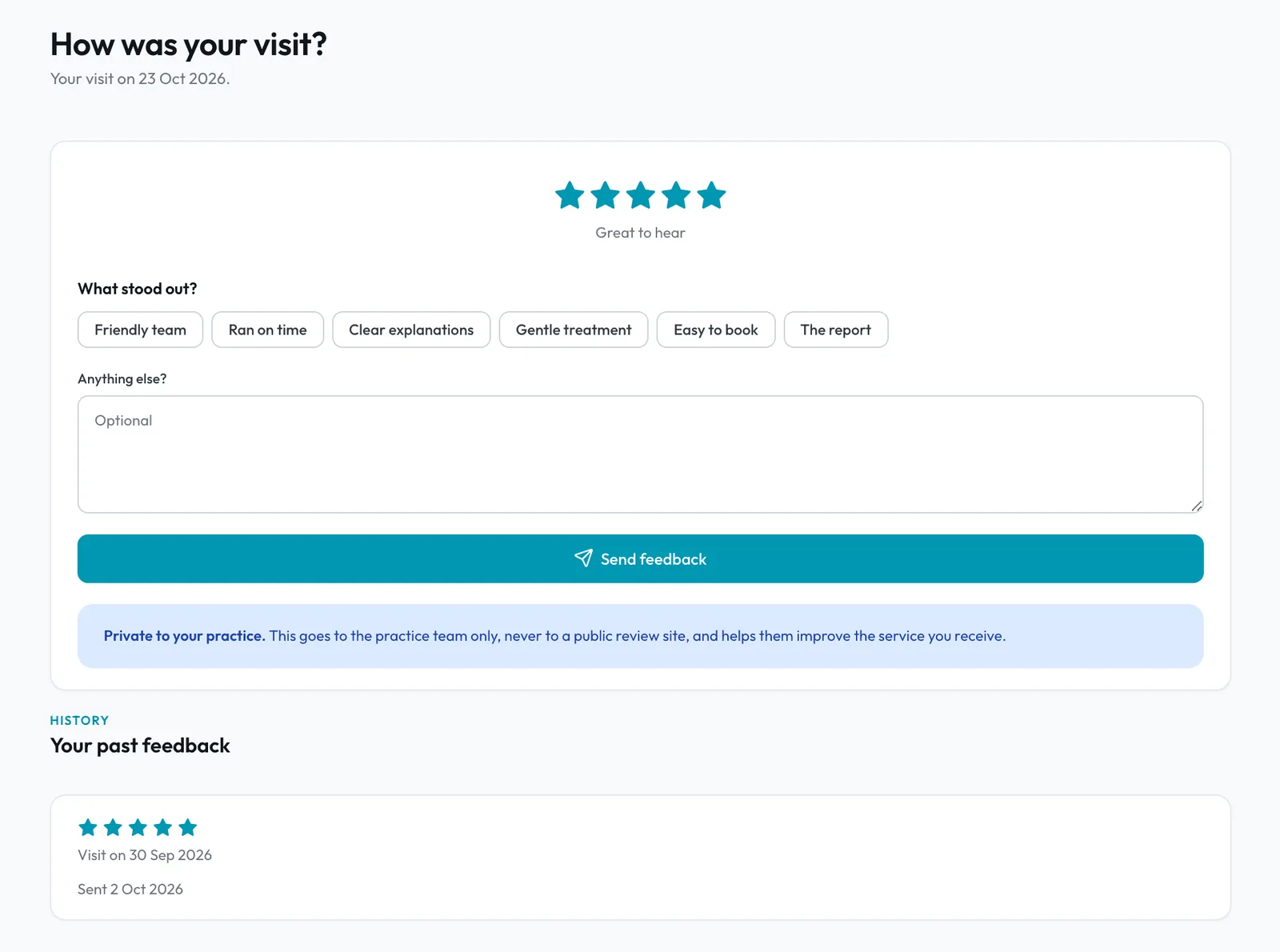 The feedback page in the patient's portal, with five stars, tags such as Friendly team and Ran on time, and a note that feedback is private to the practice.