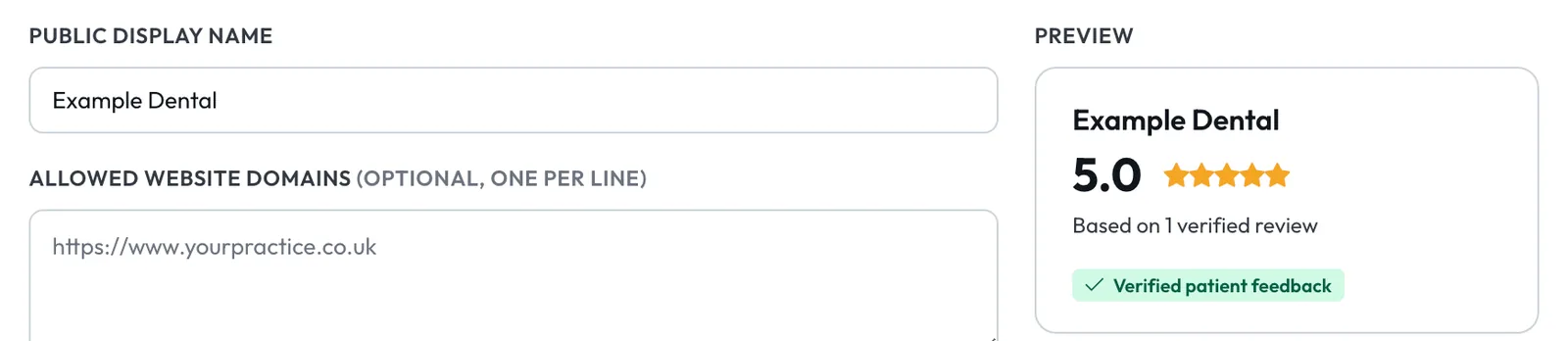 Review widget settings with the public display name, allowed website domains and a live preview of 5.0 stars from one verified review.