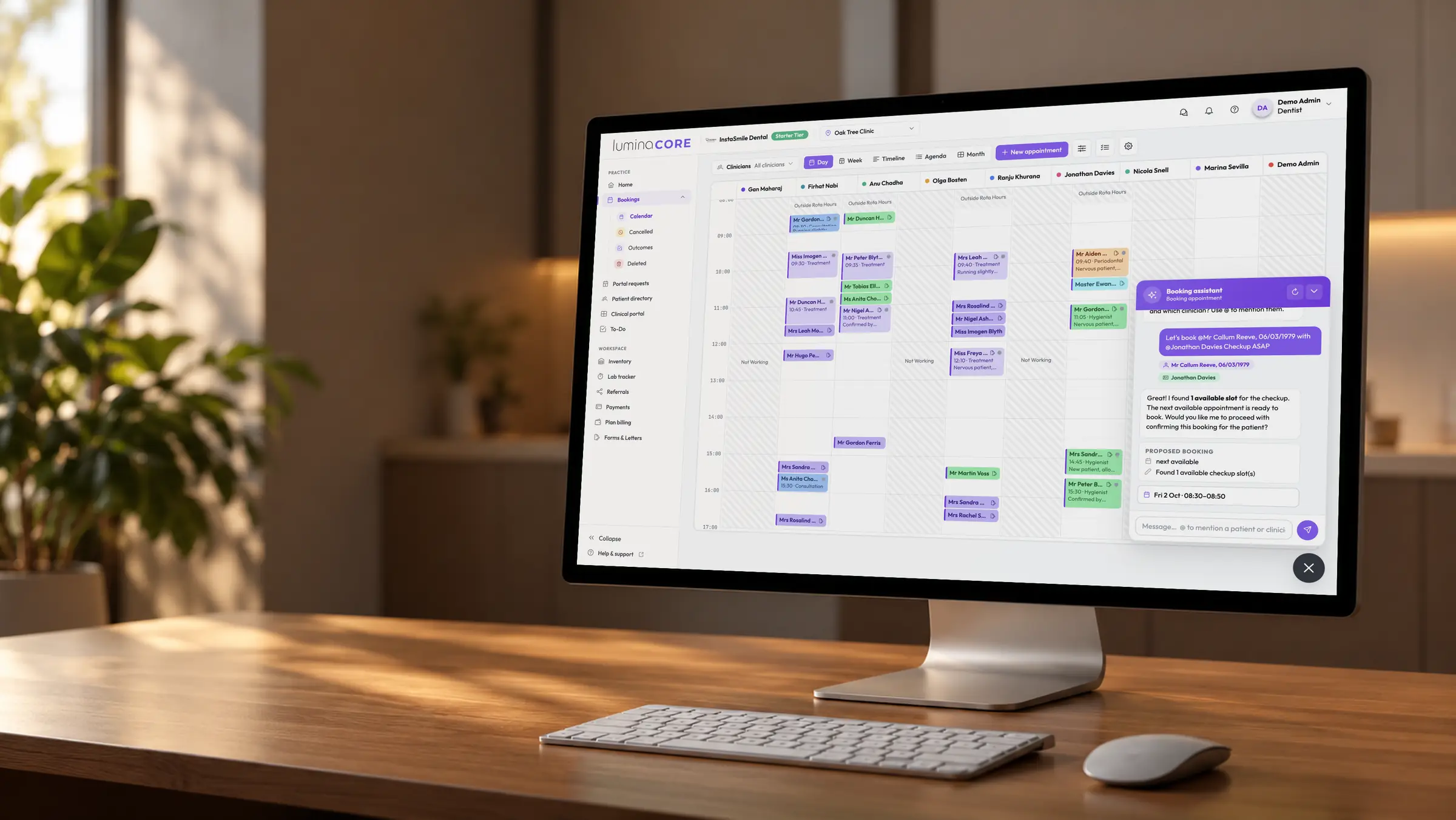 The Lumina Core diary with the booking assistant on a desktop monitor