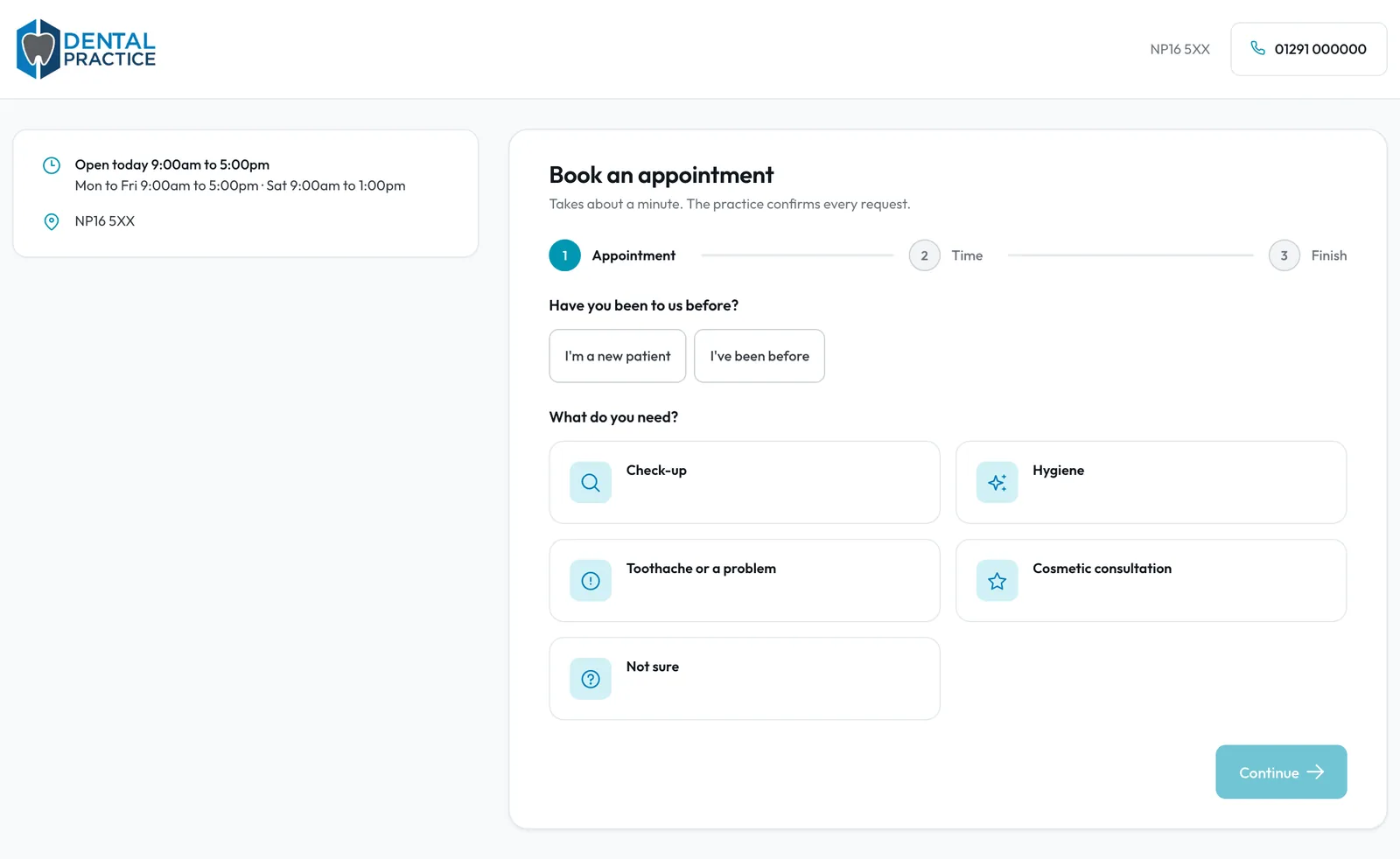 The public booking page in the practice's branding, asking what the patient needs