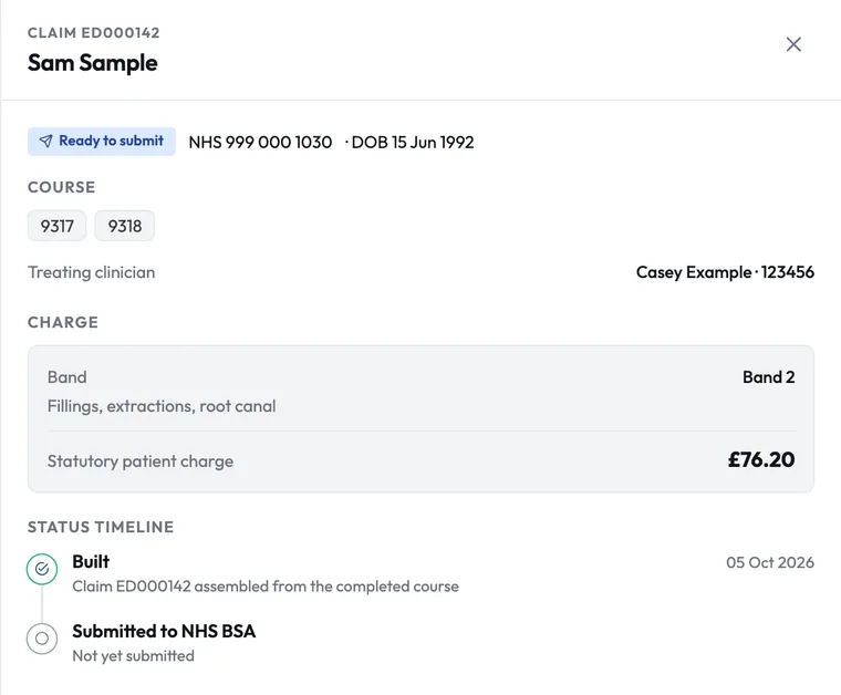 An NHS claim built from the completed course, Band 2, ready to submit