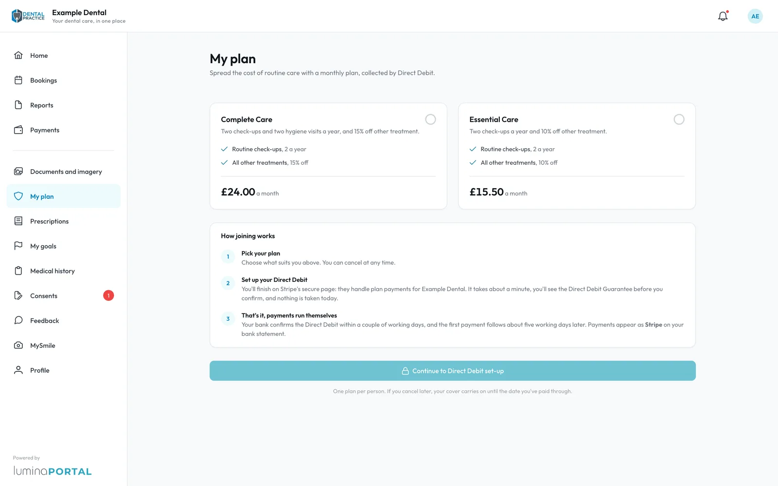 The patient's My plan page in Lumina Portal, with Direct Debit set-up