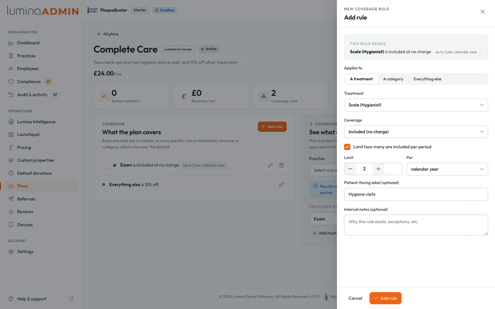 A plan's cover rules in Lumina Admin