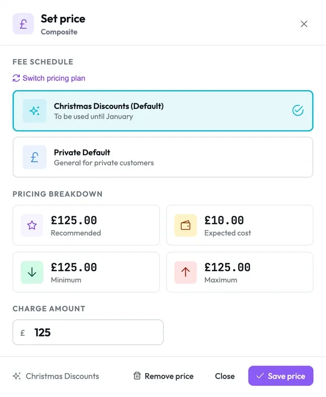 Set price in Lumina Core, with the schedule's recommended, minimum and maximum price
