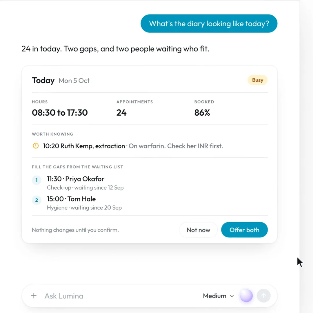 Lumina Intelligence answering "What's the diary looking like today?" with the day's figures and two gaps to offer