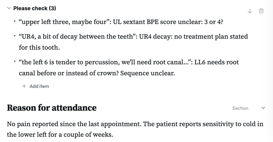 The Please check list in a Lumina Scribe note, quoting what it heard and what is unclear