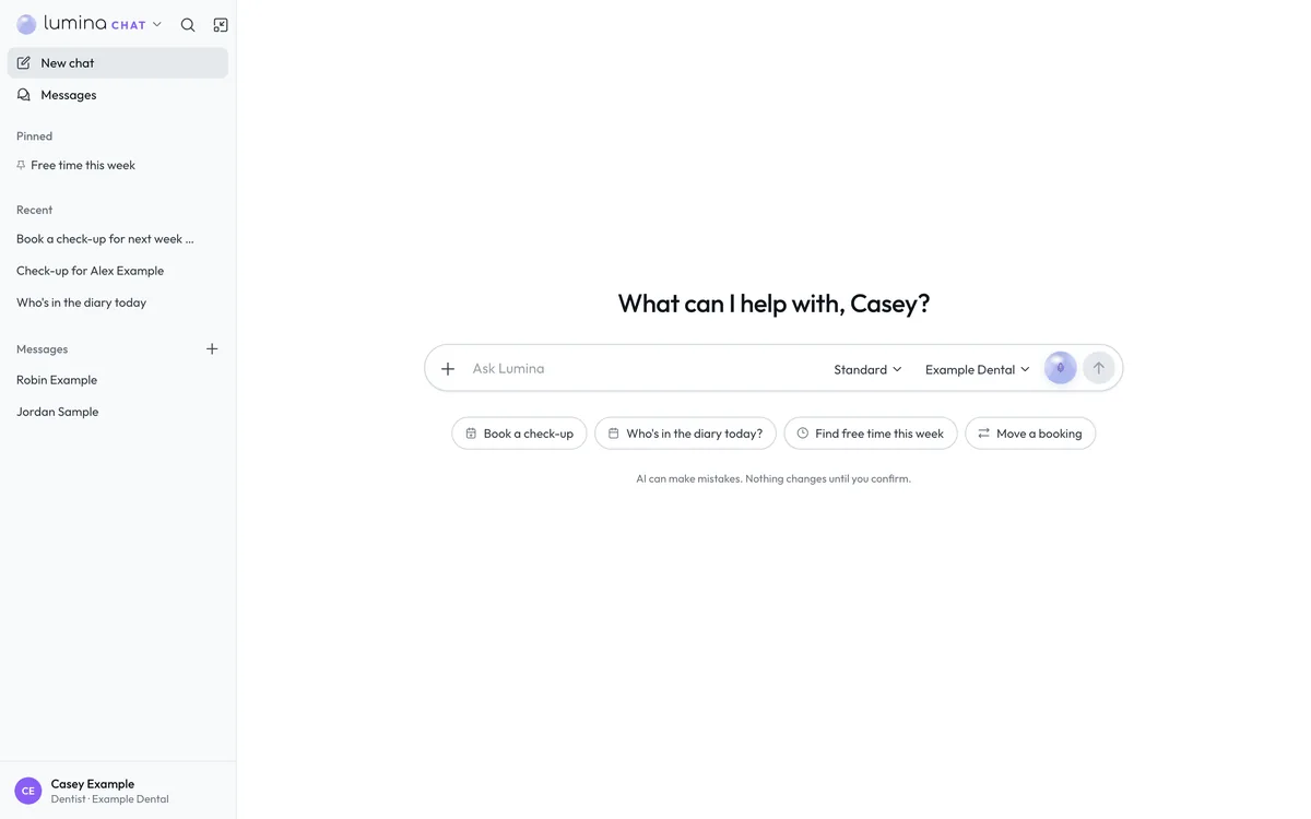 The chat app on a new chat for Casey Example at Example Dental, with the greeting, the message box, four suggestions and the line Nothing changes until you confirm.