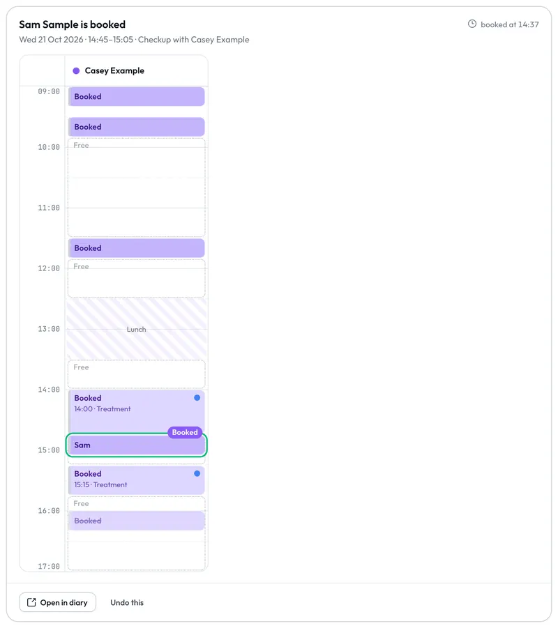 A booking card after confirming, with the new appointment outlined in green and tagged Booked.