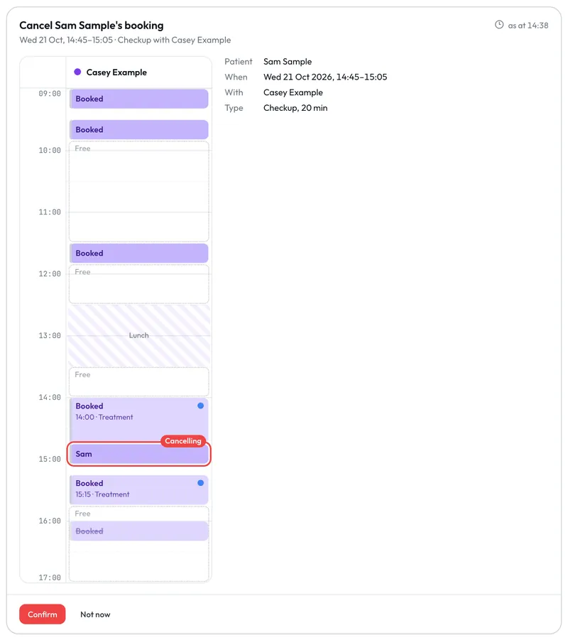A cancel card with the appointment tagged Cancelling in the clinician's day and a red Confirm button.