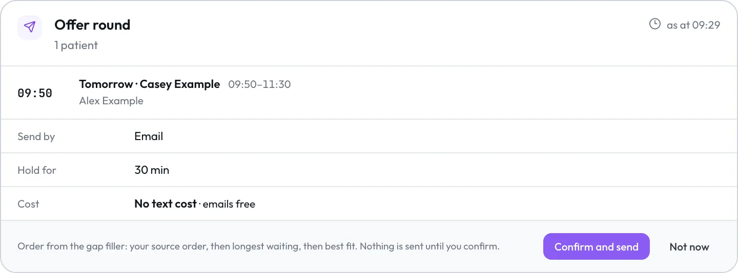 The Offer round card before sending: one slot, Send by Email, Hold for 30 min, the cost, and the Confirm and send button.