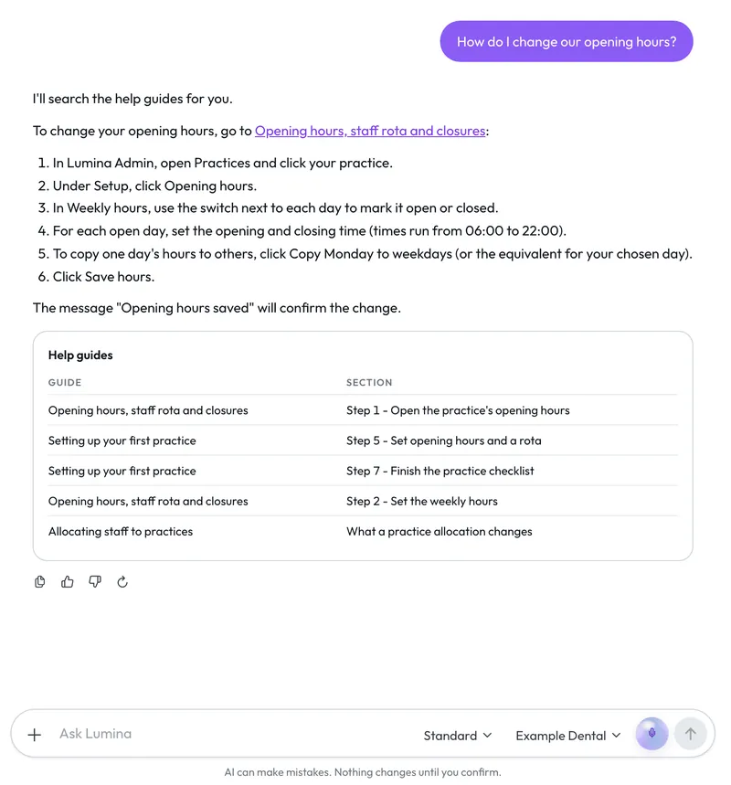 An answer in the chat app to How do I change our opening hours?, with the steps, a link to the guide and a table of the guide sections it used.