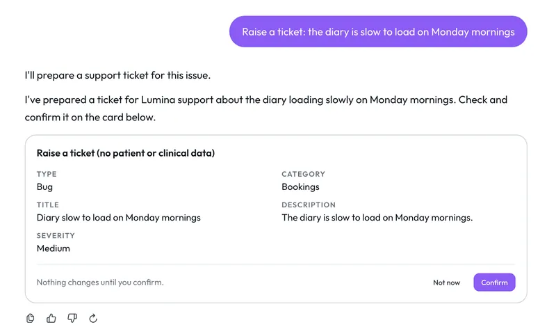 A support ticket card in the chat app for a diary that is slow on Monday mornings, with type, category, title, description and severity, and the Confirm button.